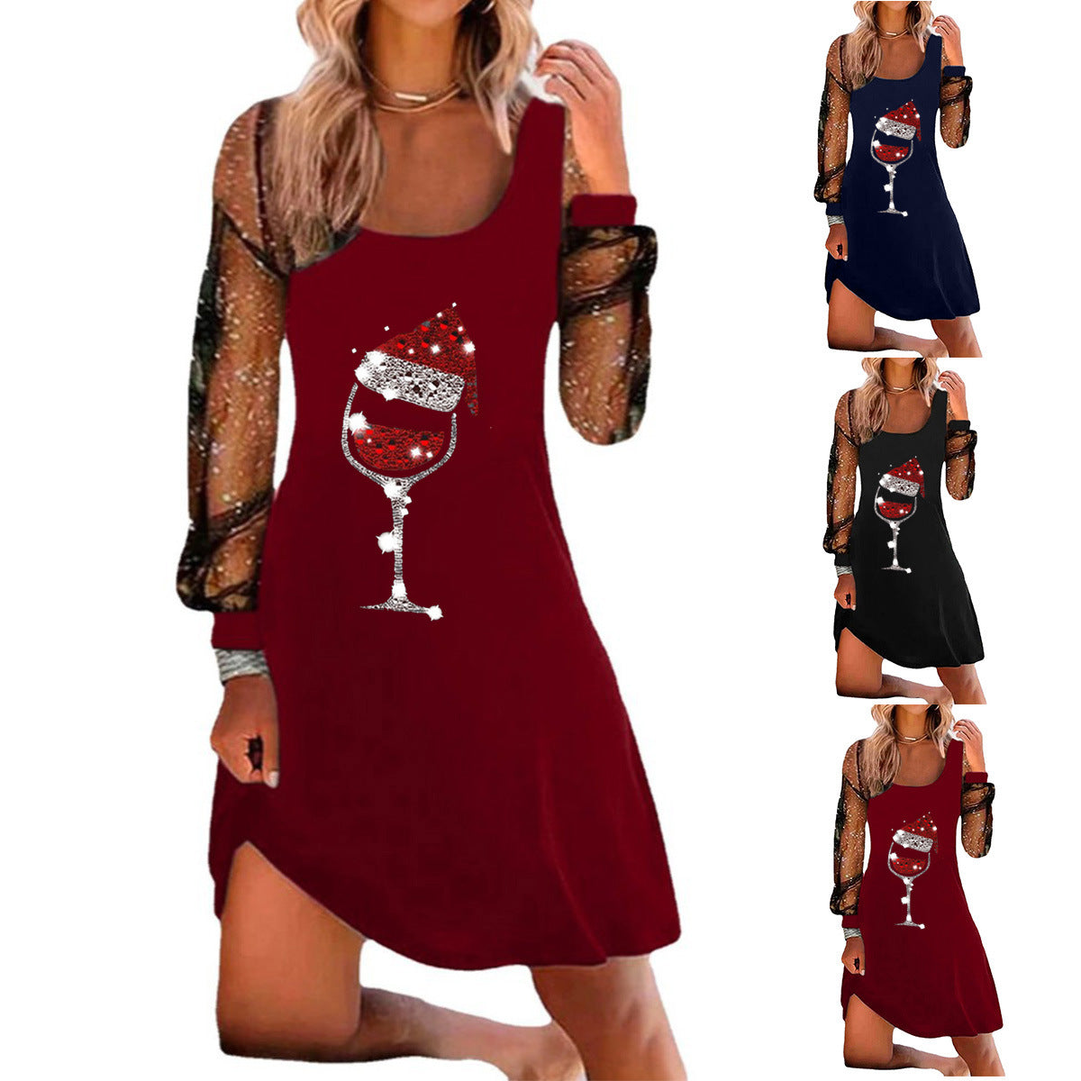 Christmas Wine Glass Printed Pullover Long Sleeve Dress