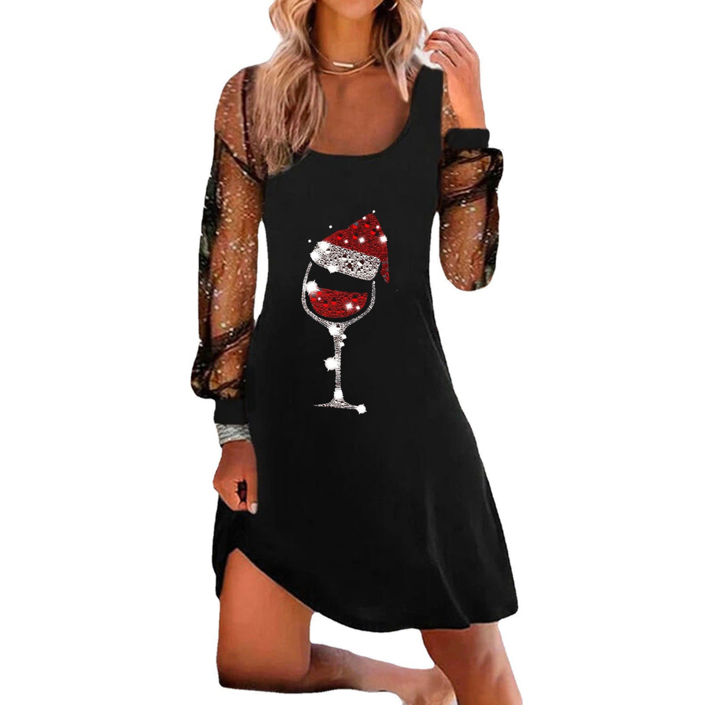 Christmas Wine Glass Printed Pullover Long Sleeve Dress