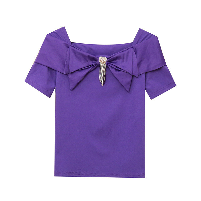 Women's Design Sense Three-dimensional Bow Waist Slimming Temperament Wild Short Sleeve