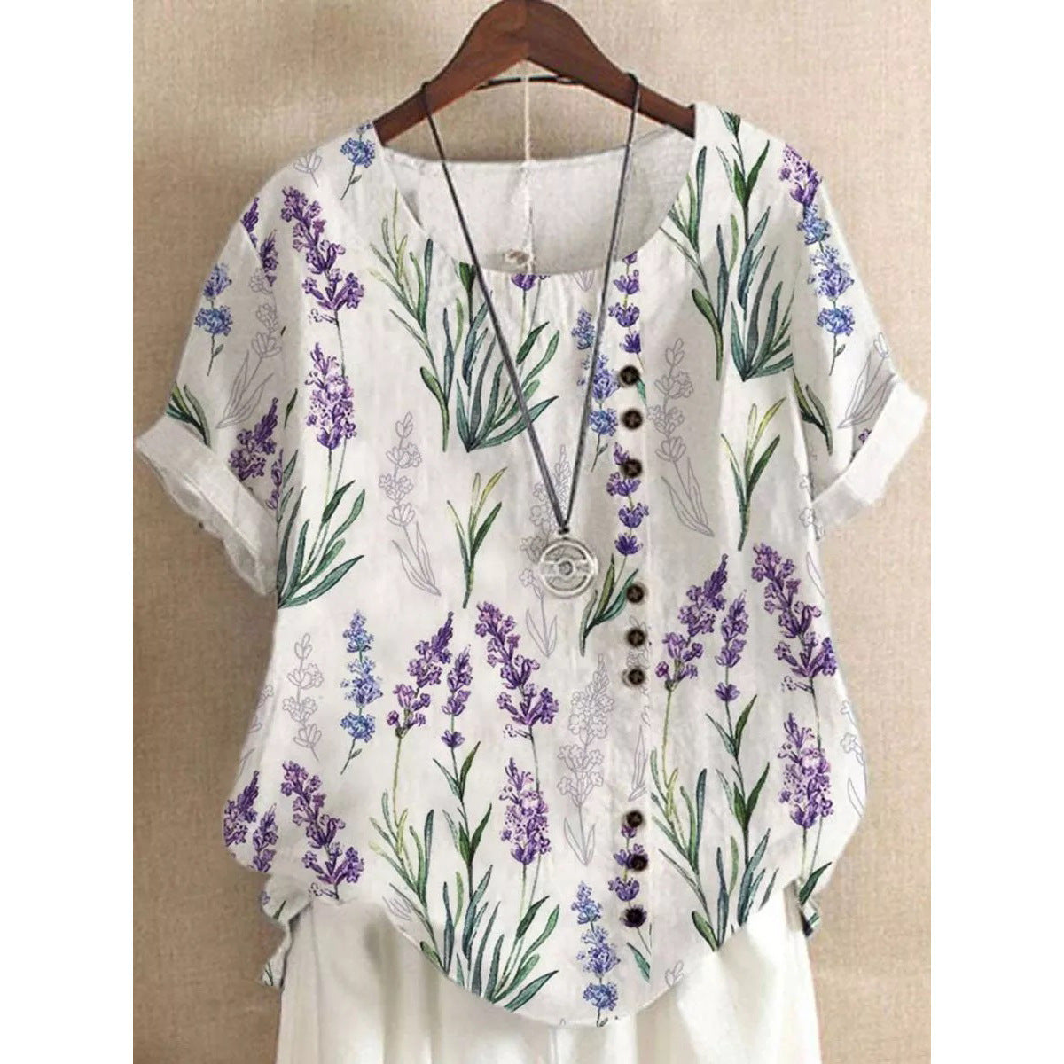 Women's Fashionable Floral Button Short-sleeved T-shirt