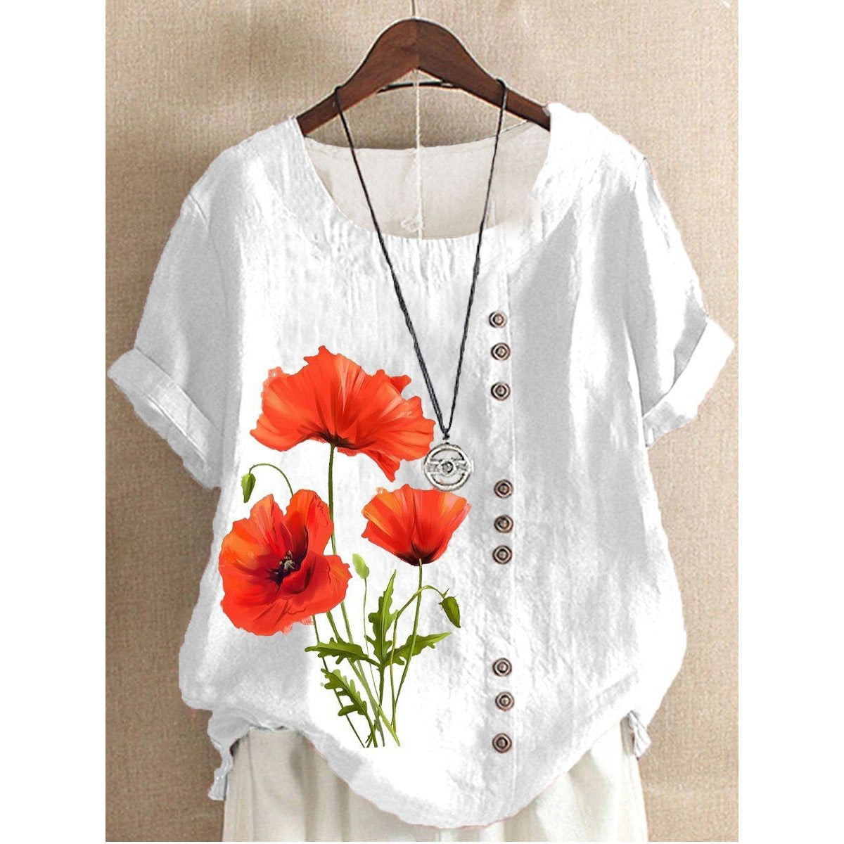 Women's Fashionable Floral Button Short-sleeved T-shirt