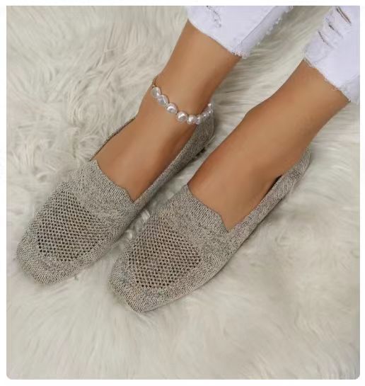 Square Toe Flat Bottom Flying Woven Pumps Female Slip-on Casual Shoes