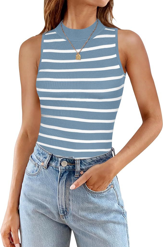 Women's Fashion Casual Sleeveless Ribbed Turtleneck Slim Striped Top