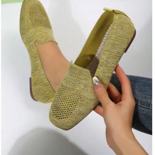 Square Toe Flat Bottom Flying Woven Pumps Female Slip-on Casual Shoes