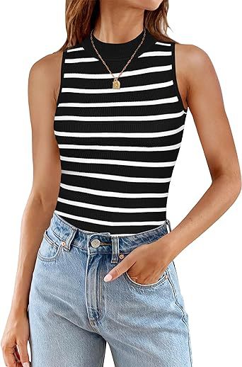 Women's Fashion Casual Sleeveless Ribbed Turtleneck Slim Striped Top