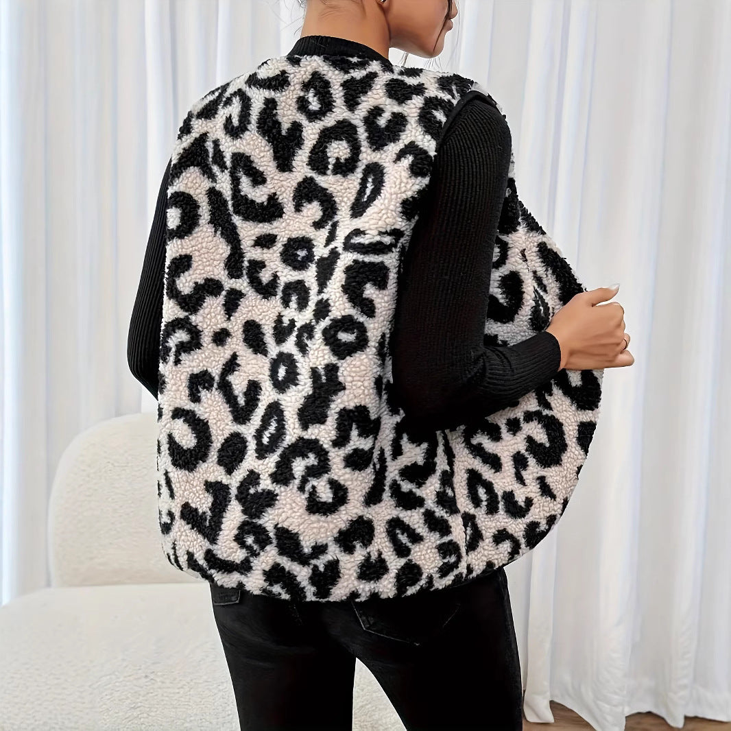 Women's Leopard Print Winter Mid-length Imitation Fur Vest Jacket