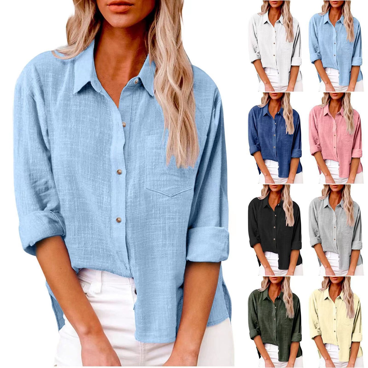 Pocket Split Cotton At Linen Long-sleeved Shirt