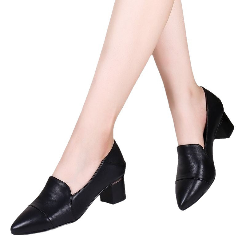 Soft Leather Low-cut Soft Leather Pointed Toe Thick Heel Leather Shoes