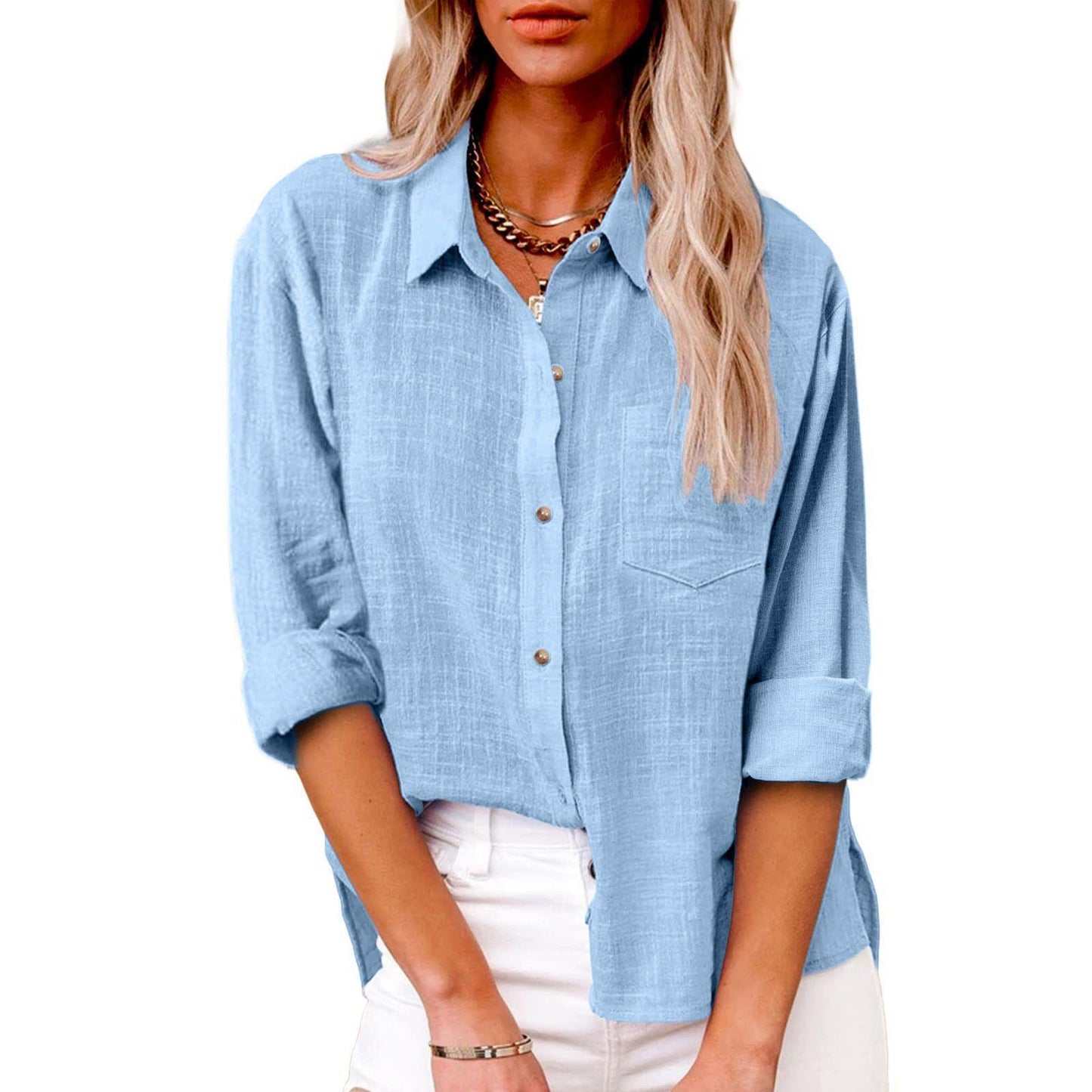 Pocket Split Cotton And Linen Long-sleeved Shirt