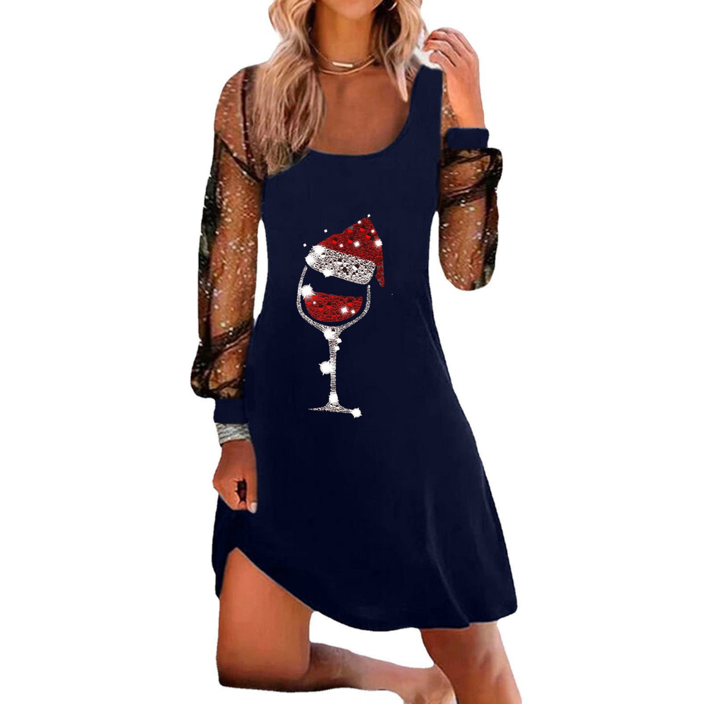 Christmas Wine Glass Printed Pullover Long Sleeve Dress