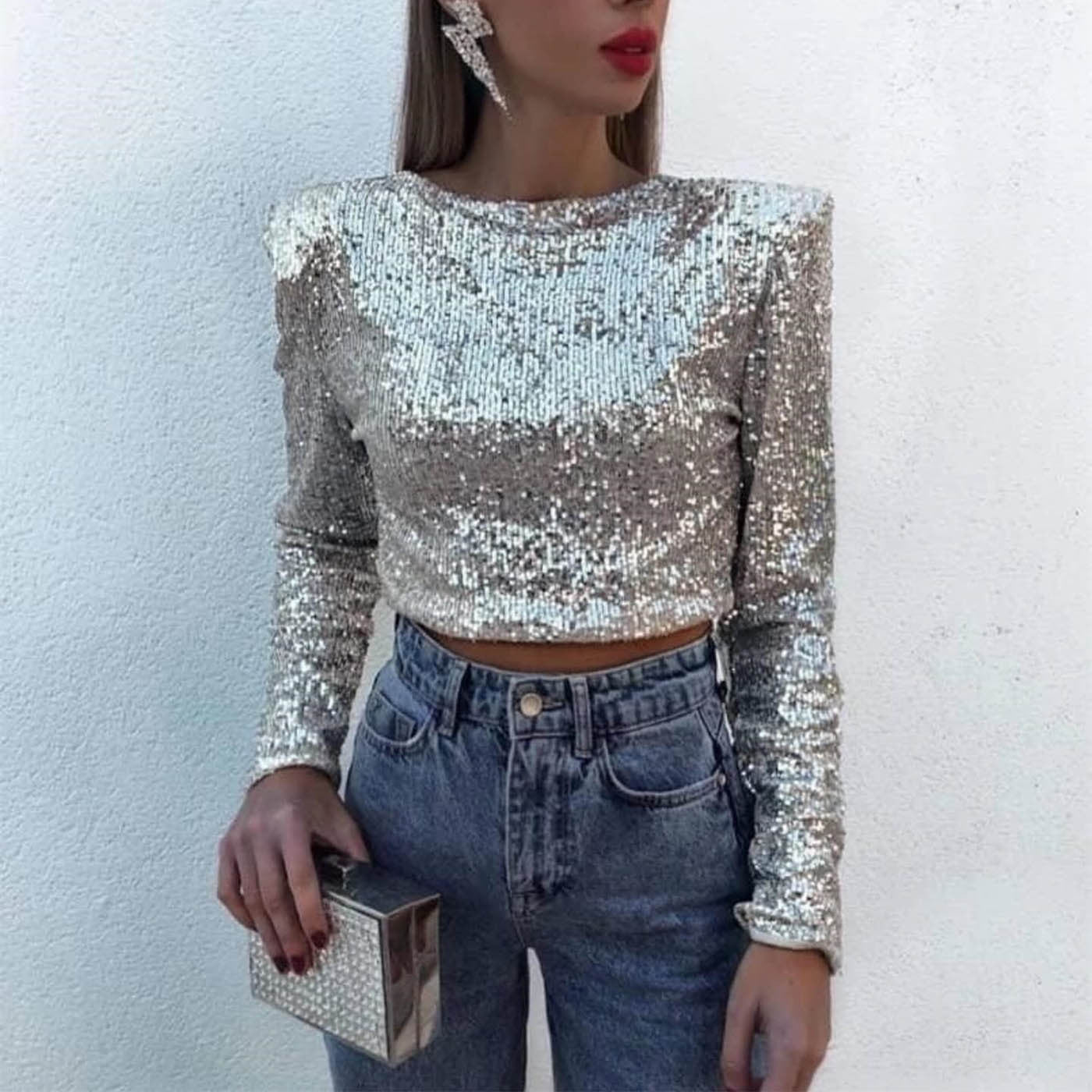 Long Sleeve Round Neck Nightclub Short Top