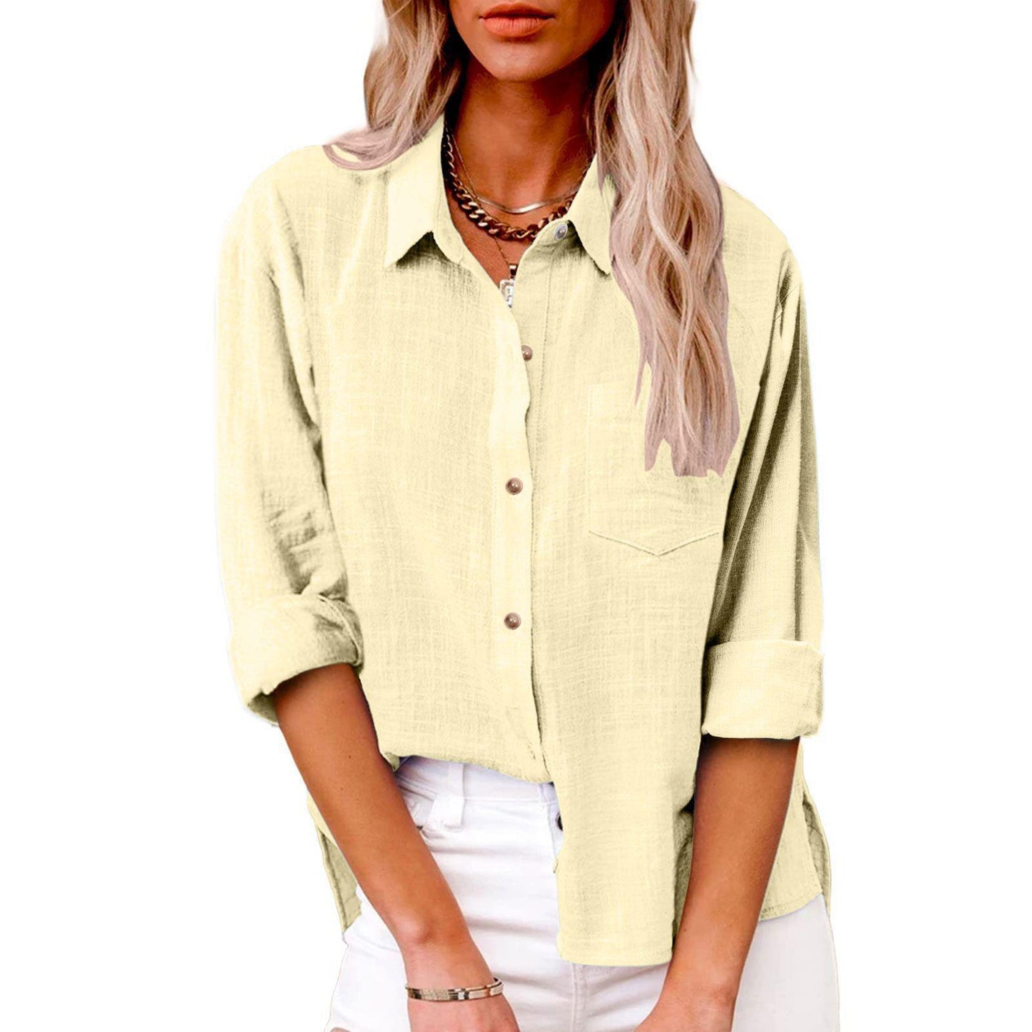 Pocket Split Cotton At Linen Long-sleeved Shirt