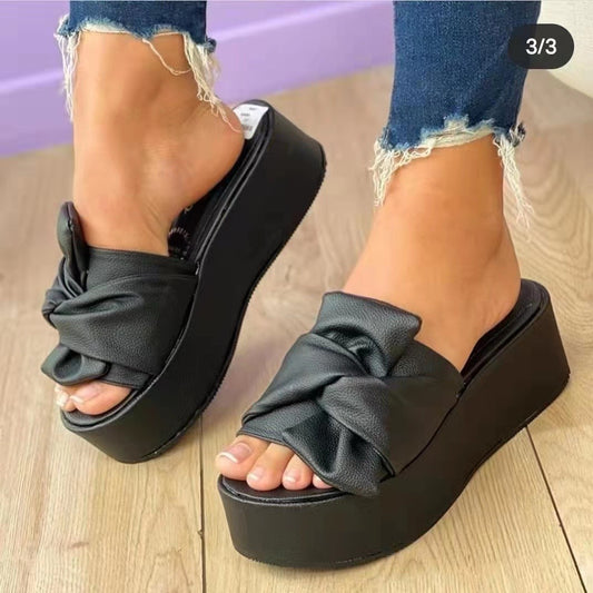 Thick Bottom For Outdoors Sandals Plus Size Solid Color Bow Slippers