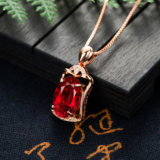 Rose Gold Square Rose Ruby Pendant Necklace