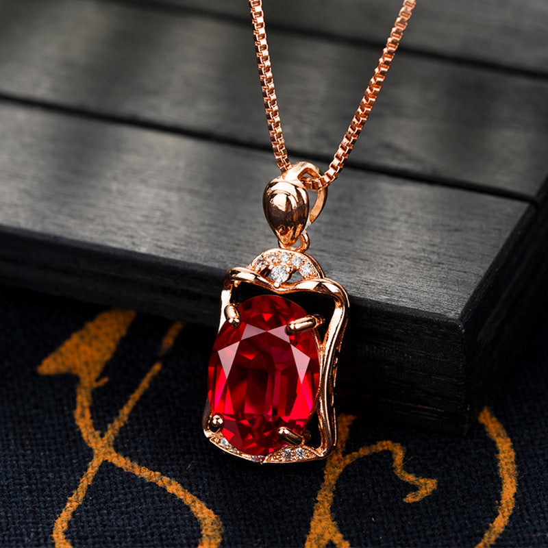 Rose Gold Square Rose Ruby Pendant Necklace