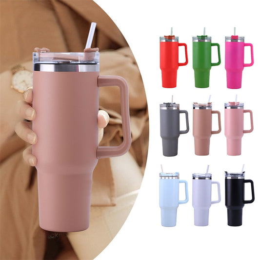 Taza aislante de café de paja con asa, botella de agua portátil de acero inoxidable para coche, taza térmica sin BPA de viaje de gran capacidad, 40oz