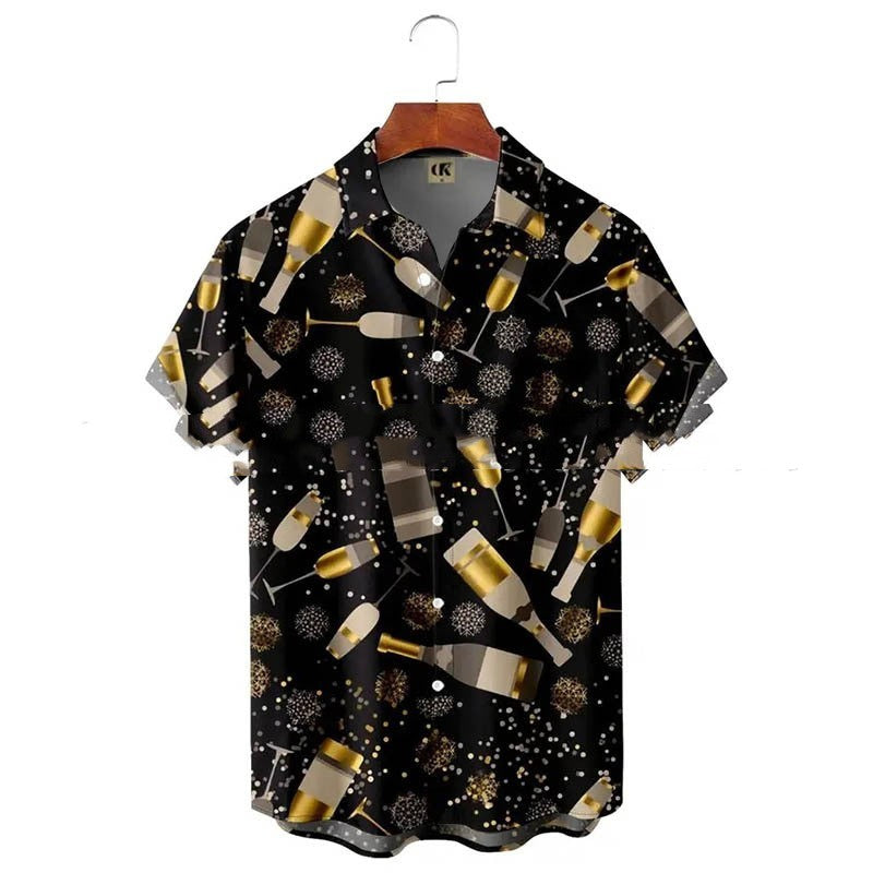 Men's Lapel Basic Holiday Printed Short-sleeved Shirt