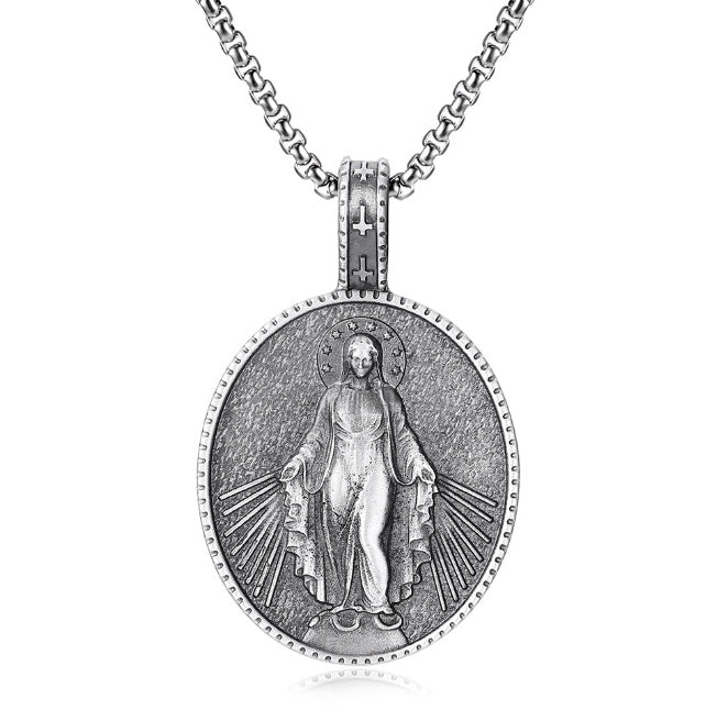 Virgin Mary Pendant Medal Religious Christian Stainless Steel Necklace