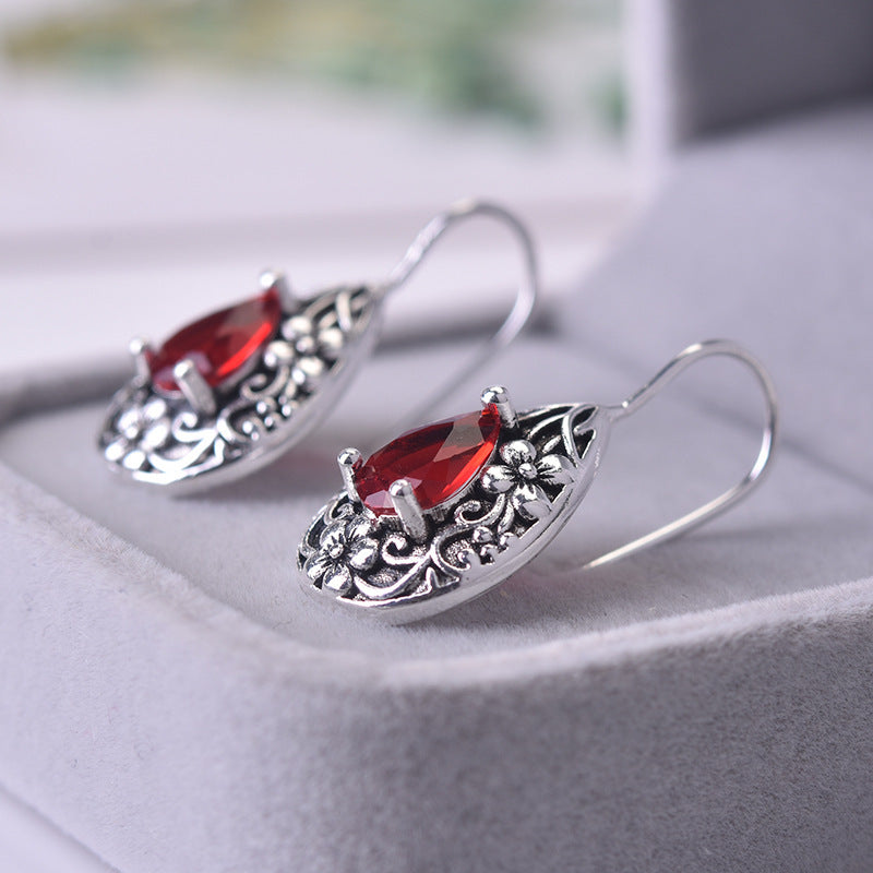 Water Drop Pear Shaped Vintage Earrings Silver Carved Ruby