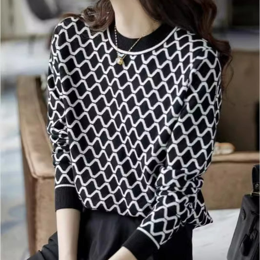 Wave Rhombus Plaid Slimming Wool Base Shirt Inner Knitted Sweater For Women