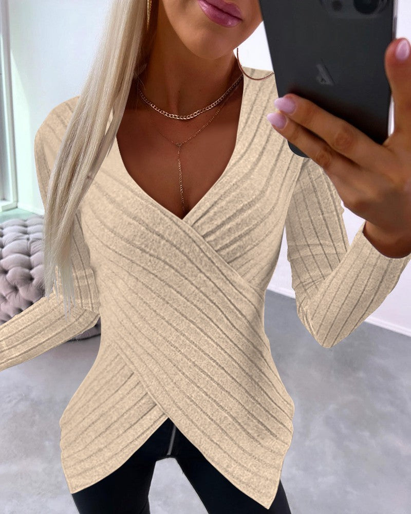 Autumn And Winter New Irregular Width Sunken Stripe Slim Long Sleeve Top