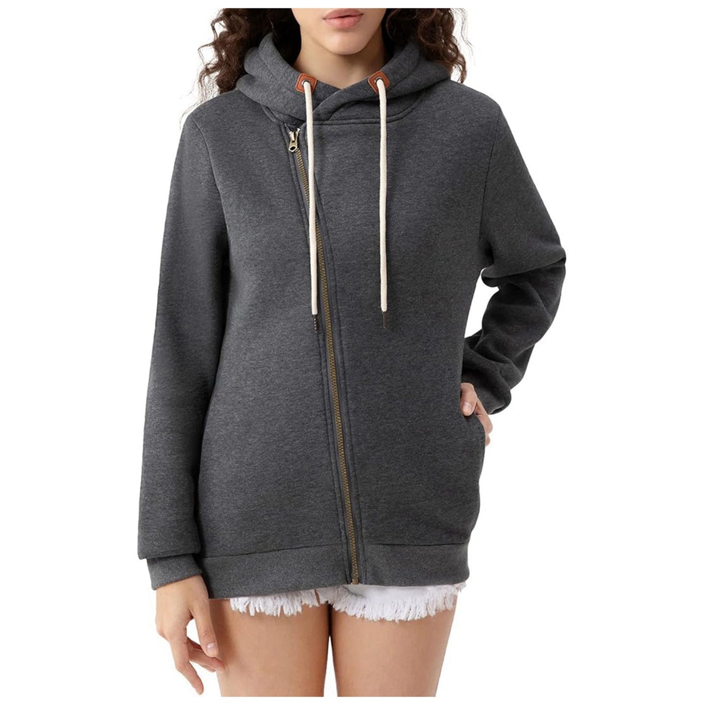 Women's Pocket Hooded Sweater Solid Color Zipper Hooded Sweatshirt