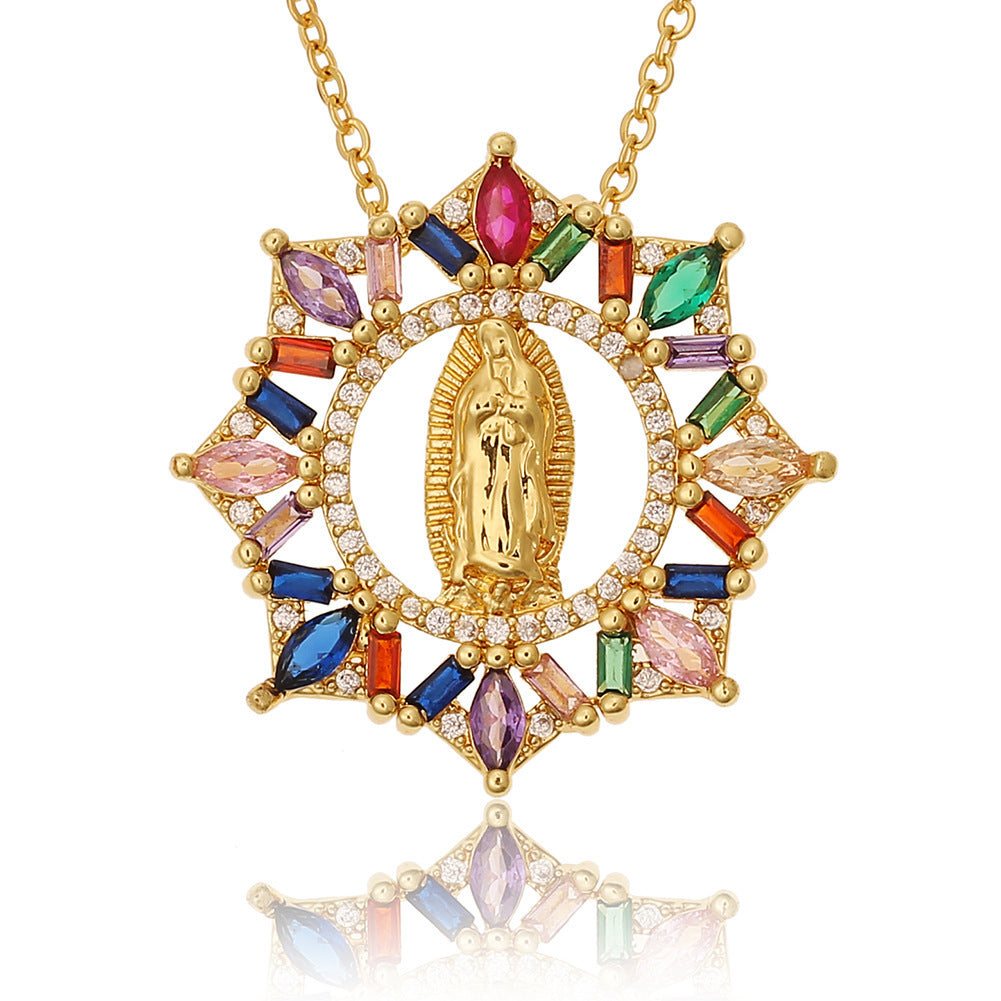 Women's Religious Jewelry Copper Micro-encrusted Zirconia Virgin Mary Pendant Devotee Necklace