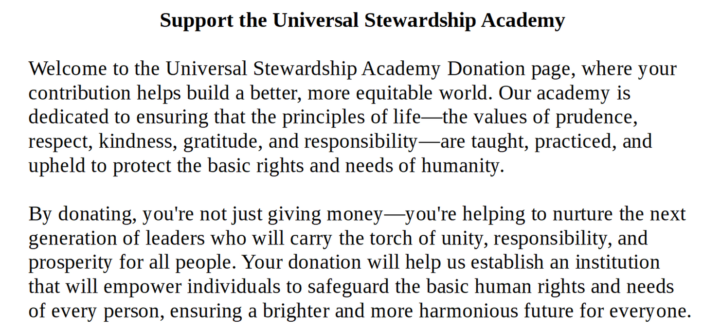 Your donation to help the propagation of the Universal Stewardship Academy