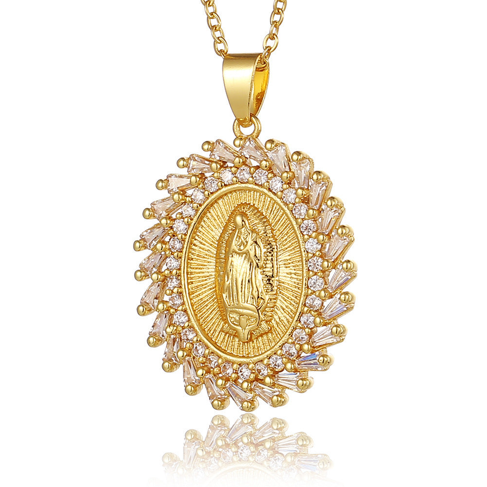 Women's Religious Jewelry Copper Micro-encrusted Zirconia Virgin Mary Pendant Devotee Necklace