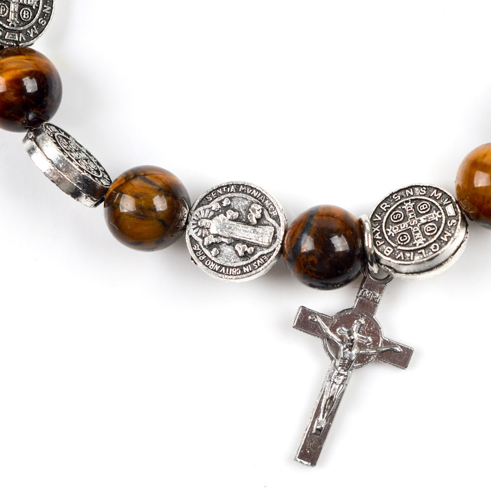 Religious Zinc Alloy Jesus Cross Benedict Tiger Eye Rosary Bracelet