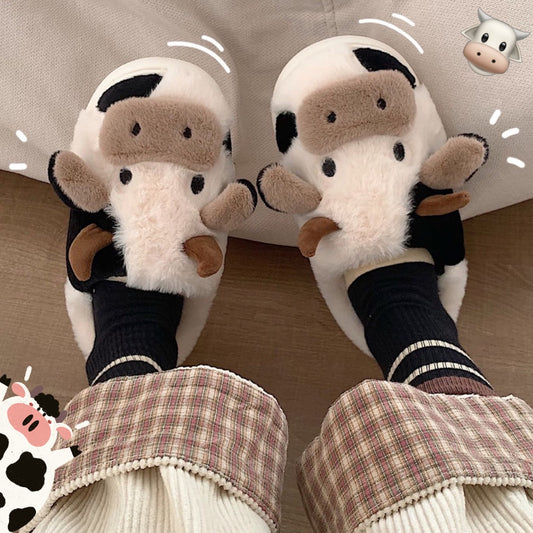 Bonita zapatilla de animales de vaca para mujeres y niñas, pantuflas cálidas suaves y esponjosas Kawaii a la moda para invierno, zapatillas de casa divertidas con dibujos de vaca lechera para mujer