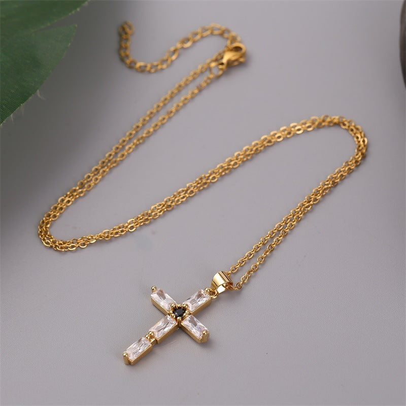 Retro Religious Copper Inlaid Zirconium Real Gold Plating Cross Necklace