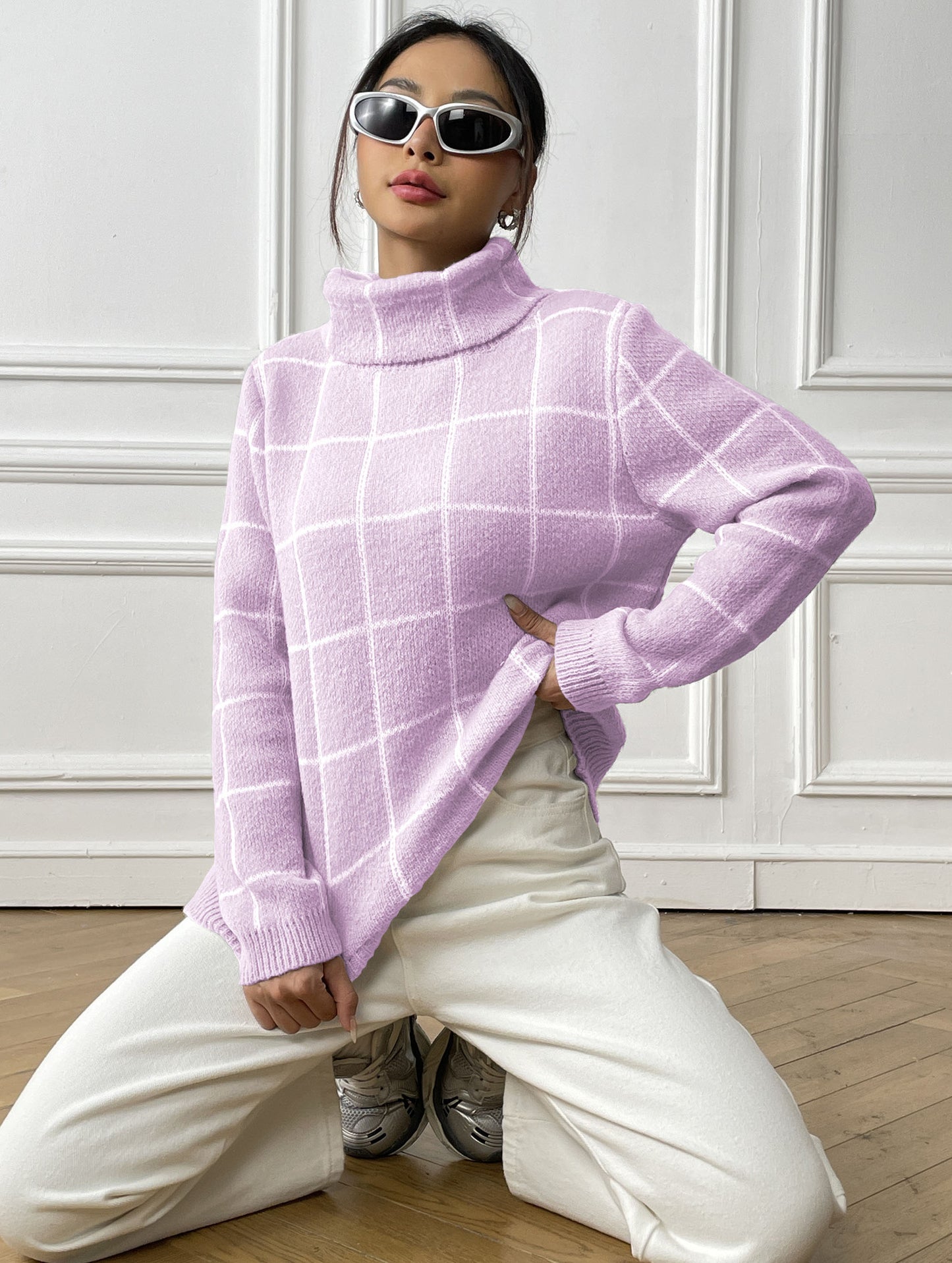 Women's Pullover Color-contrast Check Turtleneck Sweater