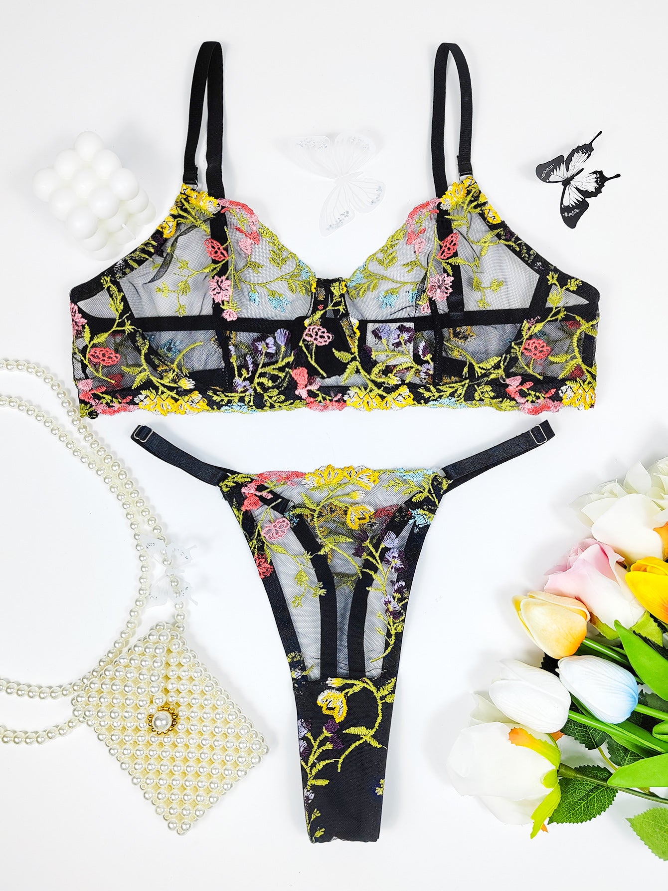 Mesh Embroidery Steel Ring Push Up Underwear T-back Suit