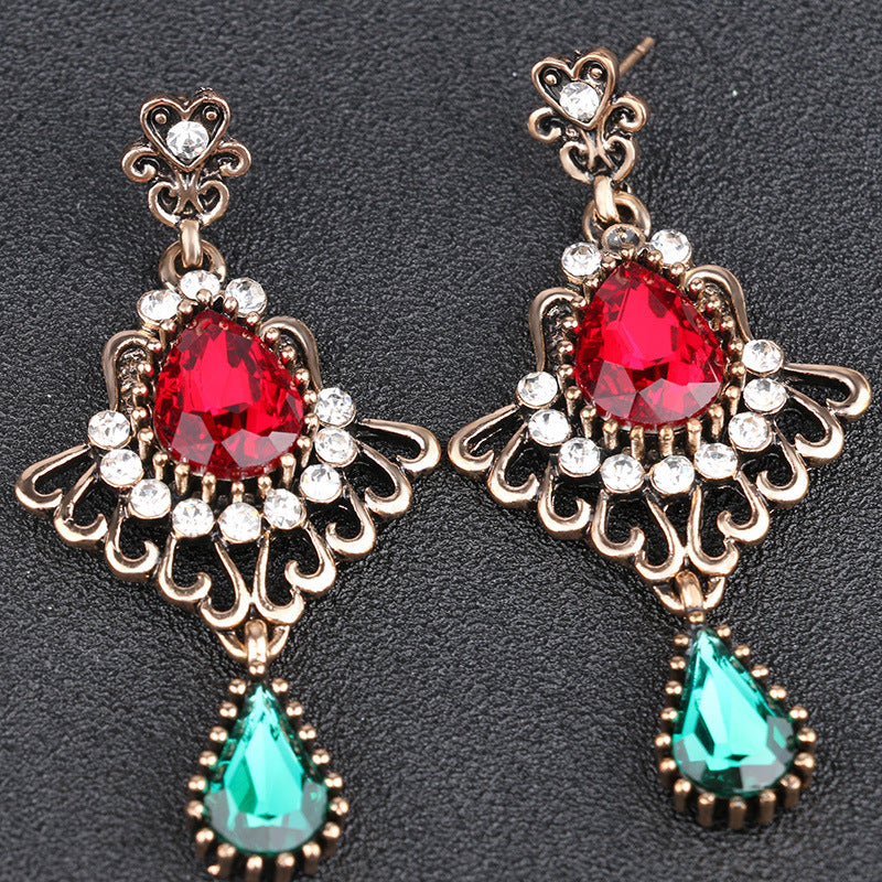 Fashion Hollowed-out Drop-shaped Ruby Glass Elegant Crystal Earrings