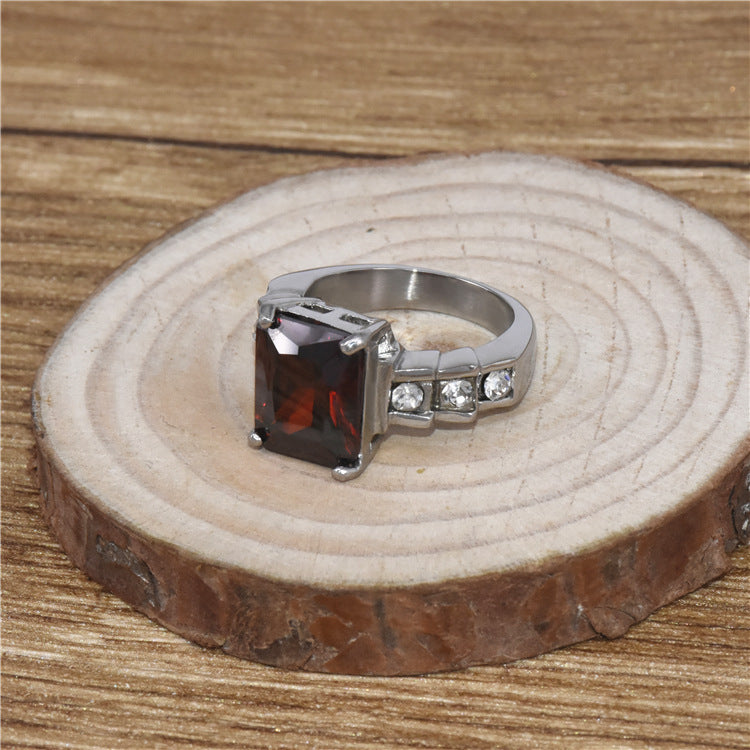 Women's Glass Ruby Stainless Steel Ring Simple