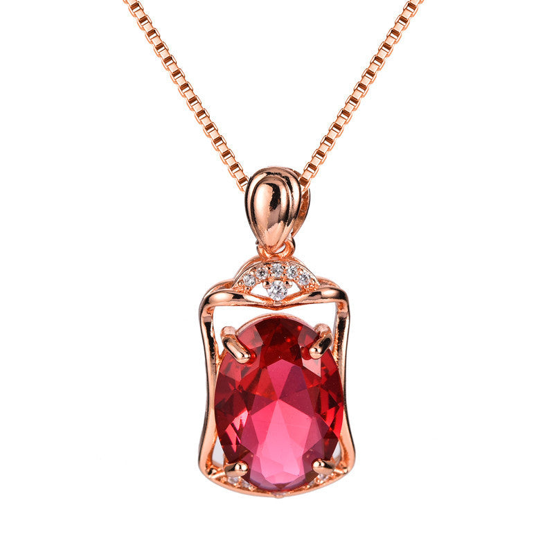 Rose Gold Square Rose Ruby Pendant Necklace