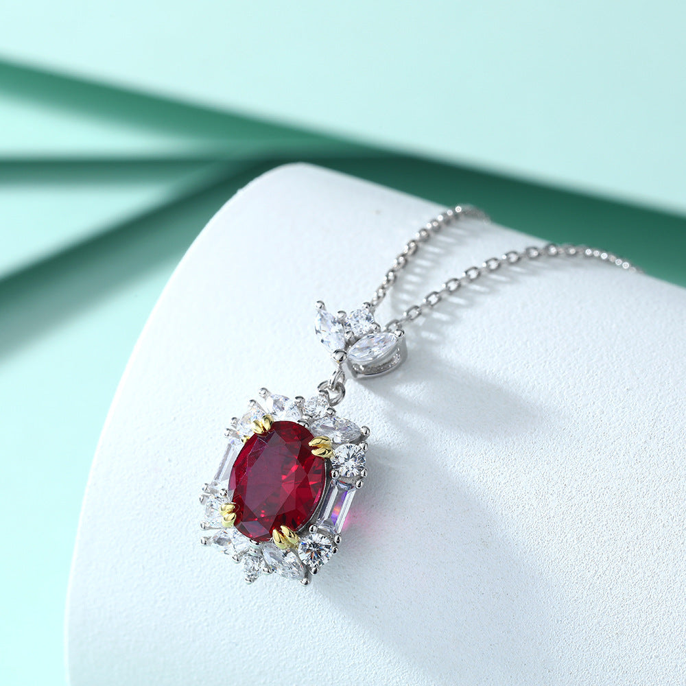 Egg-shaped Ruby Round Zircon Pendant Sterling Silver Necklace