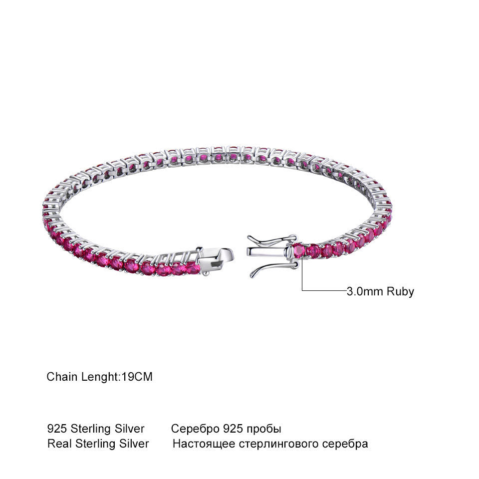 S925 Sterling Silver Tennis Chain Full Diamond Ruby Bracelet