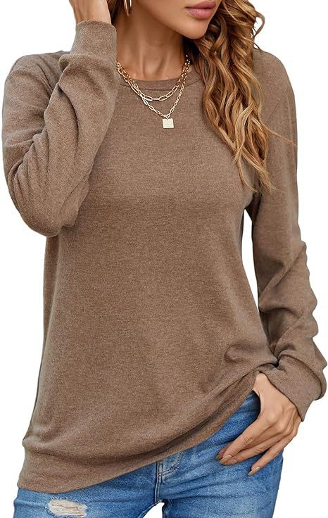 European And American Style Women Long Sleeve Shirt Solid Color Round Neck Coat