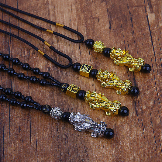 Religious Totem Pixiu Pendant Necklace Obsidian Bead Chain