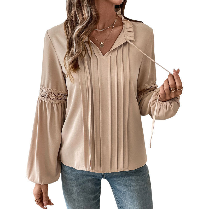 Top Drawstring V-neck Pleated Shirt