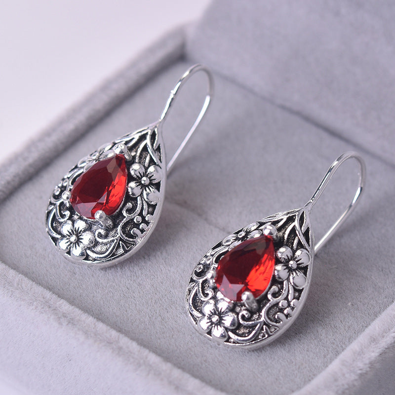 Water Drop Pear Shaped Vintage Earrings Silver Carved Ruby