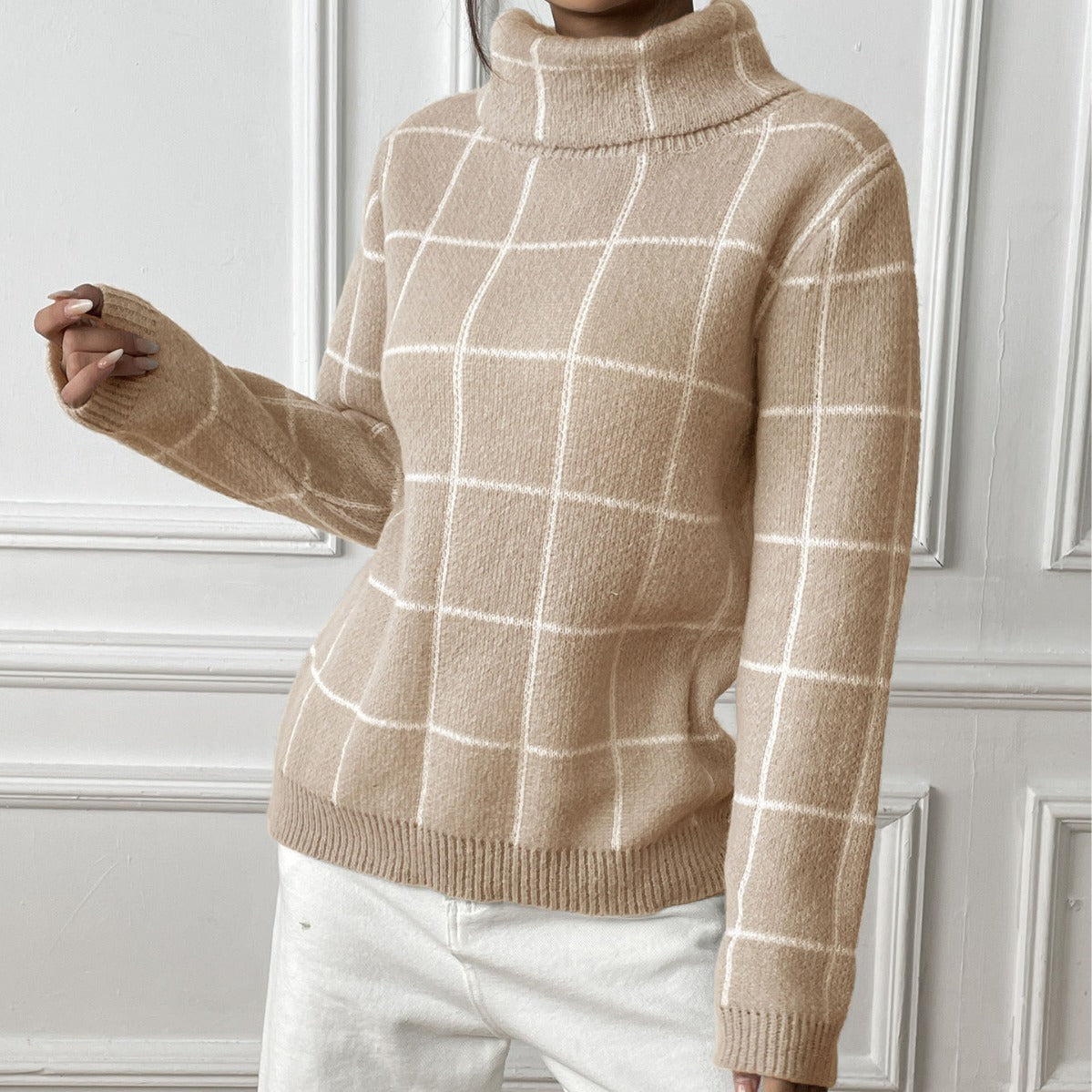 Women's Pullover Color-contrast Check Turtleneck Sweater