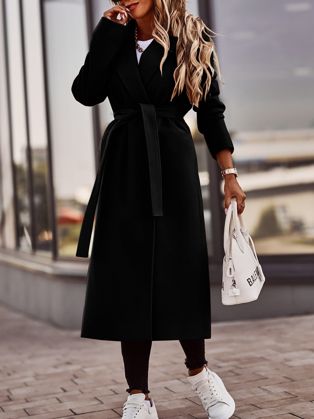 Autumn And Winter Simplicity Long Sleeve V-neck Lace Up Woolen Coat Top Women