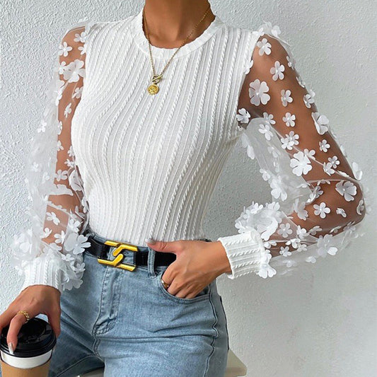 Women's Mesh Small Flower Chiffon Shirt Summer Round Neck Long Sleeve Top