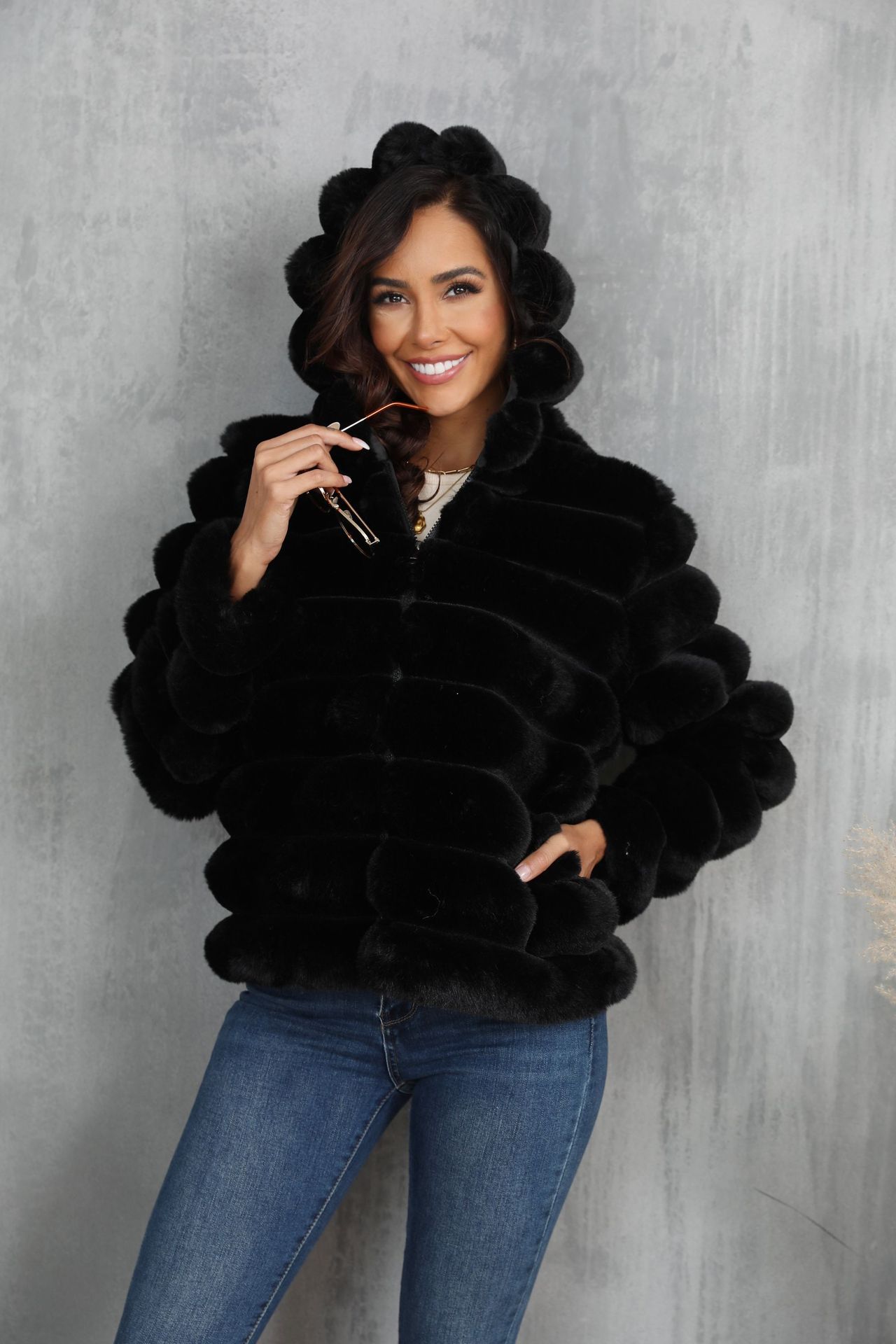 Women's Striped Hooded Imitation Fur Short Jacket