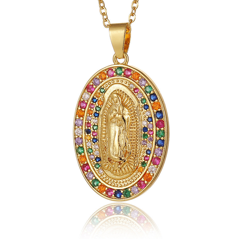 Women's Religious Jewelry Copper Micro-encrusted Zirconia Virgin Mary Pendant Devotee Necklace