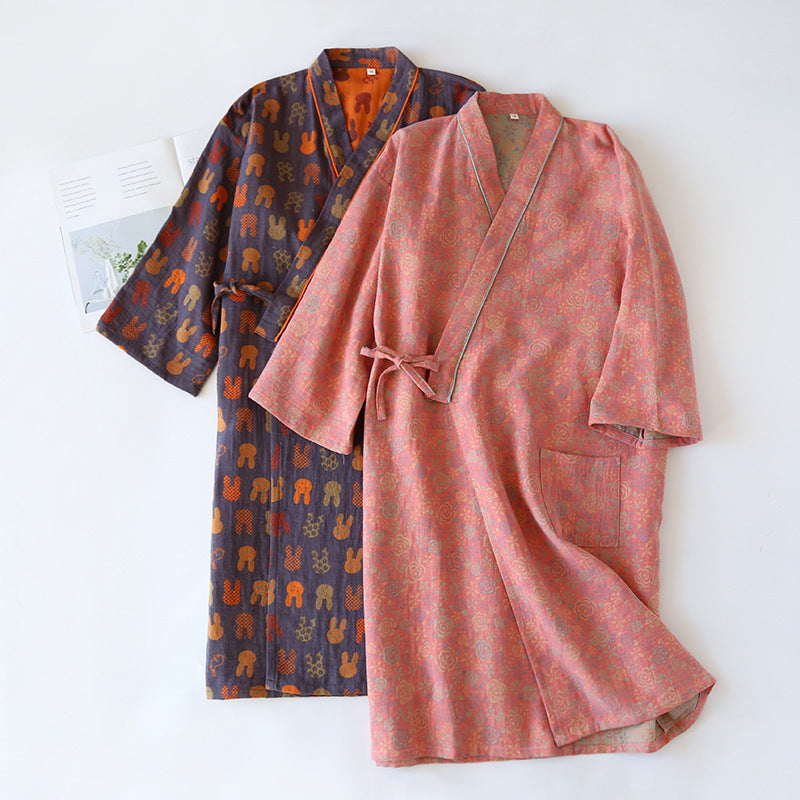 Yarn-dyed Jacquard Nightgown Couple Four Seasons Thin Double-layer Gauze Kimono Robe