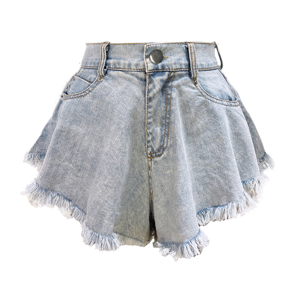 High Waist Loose-fitting Tassel Denim Shorts Para sa Babae